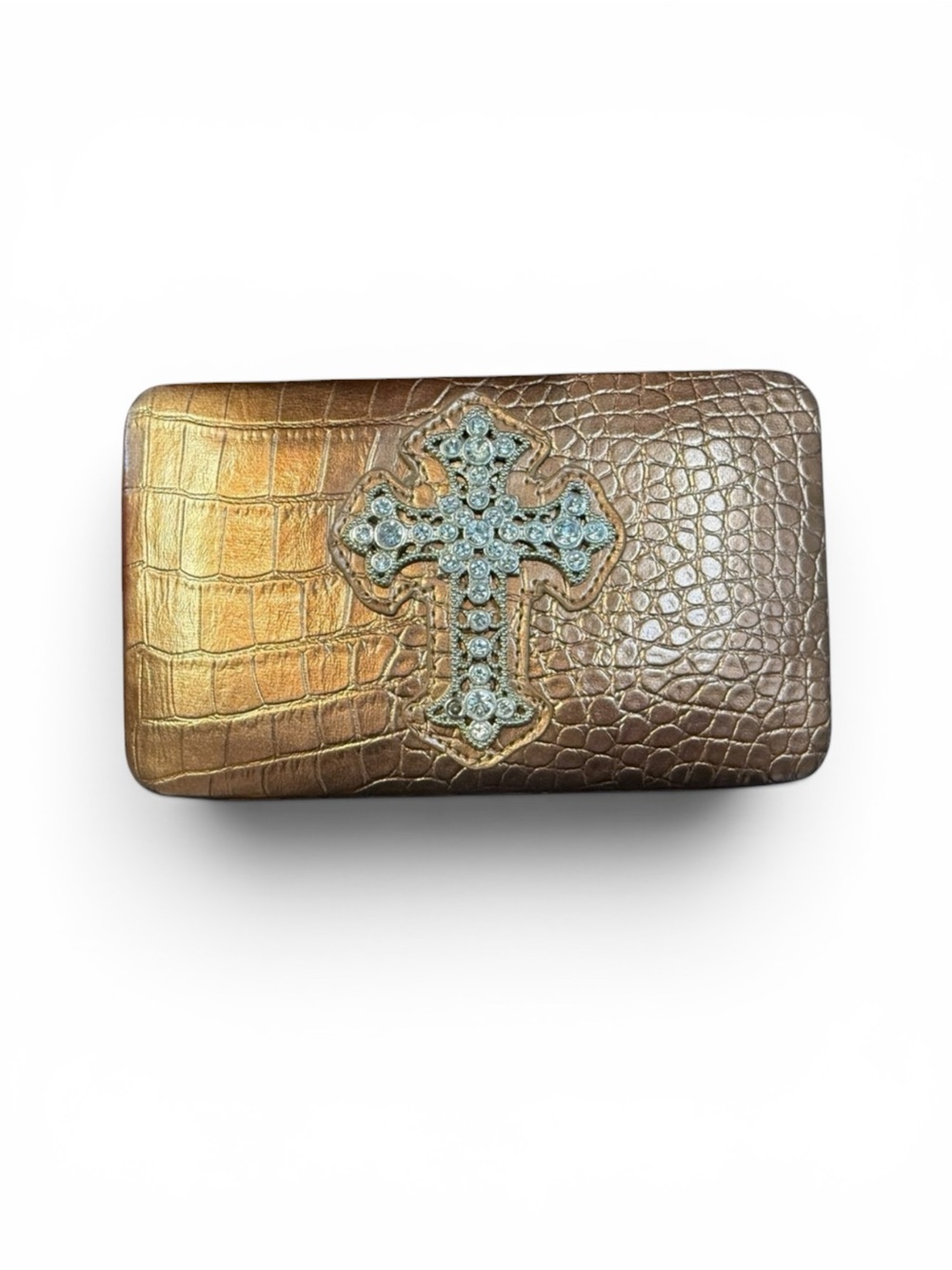 Y2K Copper Colored Crocodile Embossed Wallet Clutch with Rhinestone Cross